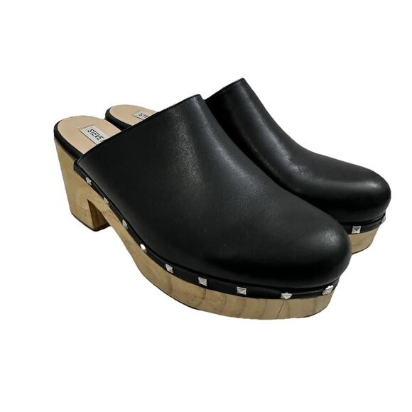 Steve Madden Platform Wooden Clogs Women 9 Black Leather Studded Y2K Boho Hippie - Picture 1 of 14